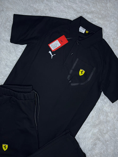 CONJUNTO PUMA SCUDERIA FERRARI NEGRO REFLECTANTE: POLERA TIPO PIQUÉ Y PANTALÓN DE BUZO RECTO